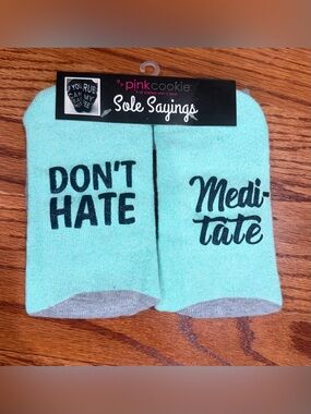 Pink Cookie Sole Sayings Mint Crew Socks with 'Don't Hate / Meditate' Graphic